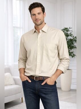 Stafford Men's Long-Sleeve Dress Shirt in Light Beige